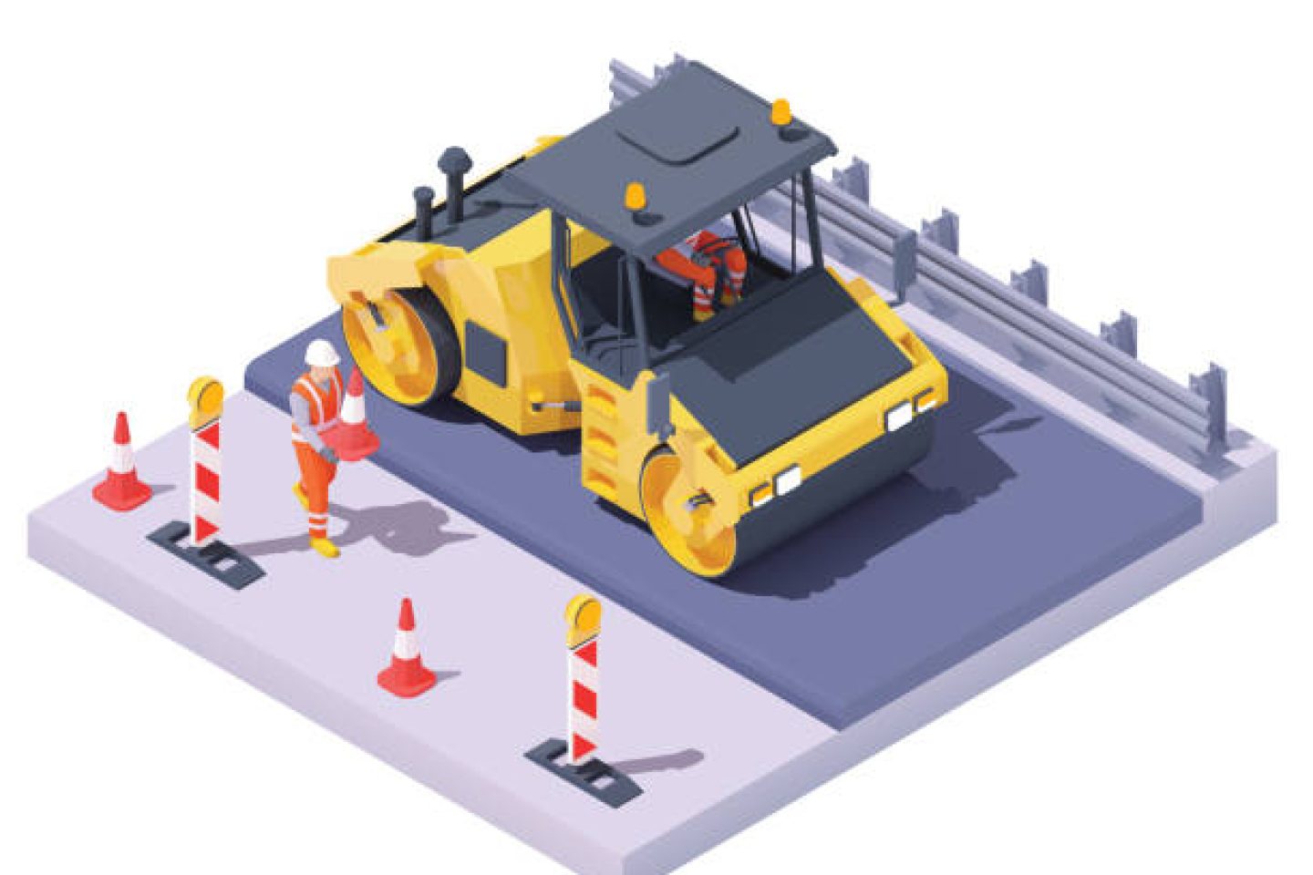 Vector isometric road roller at road construction site. Asphalt paving process, repair and maintenance. Vibration roller and workers building new road, traffic cones and signs
