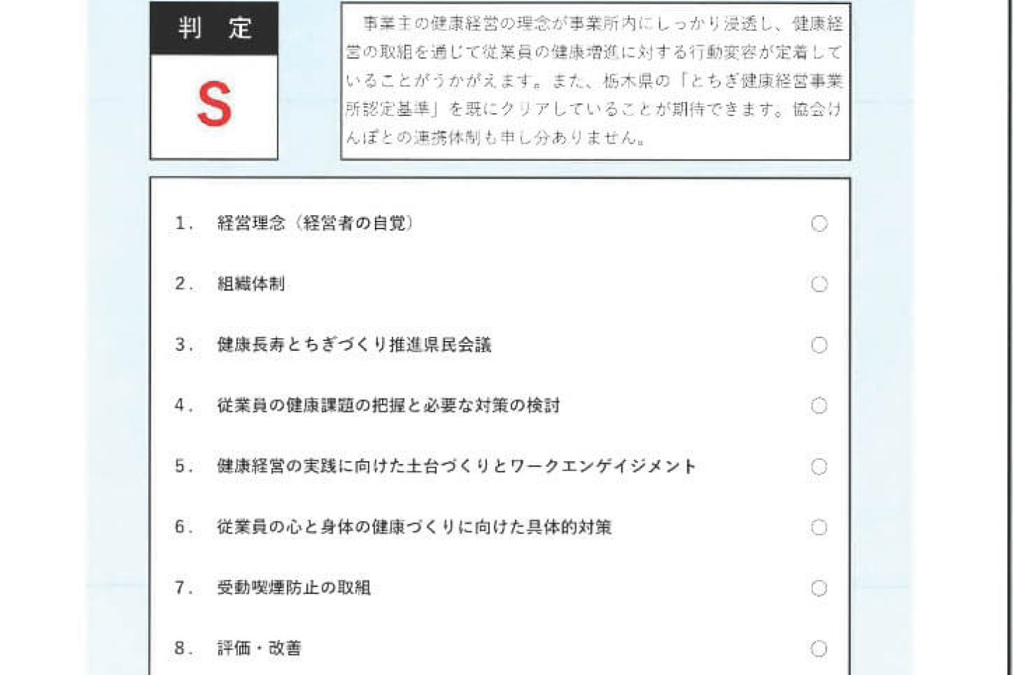 とちぎ健康経営チェックシート判定結果